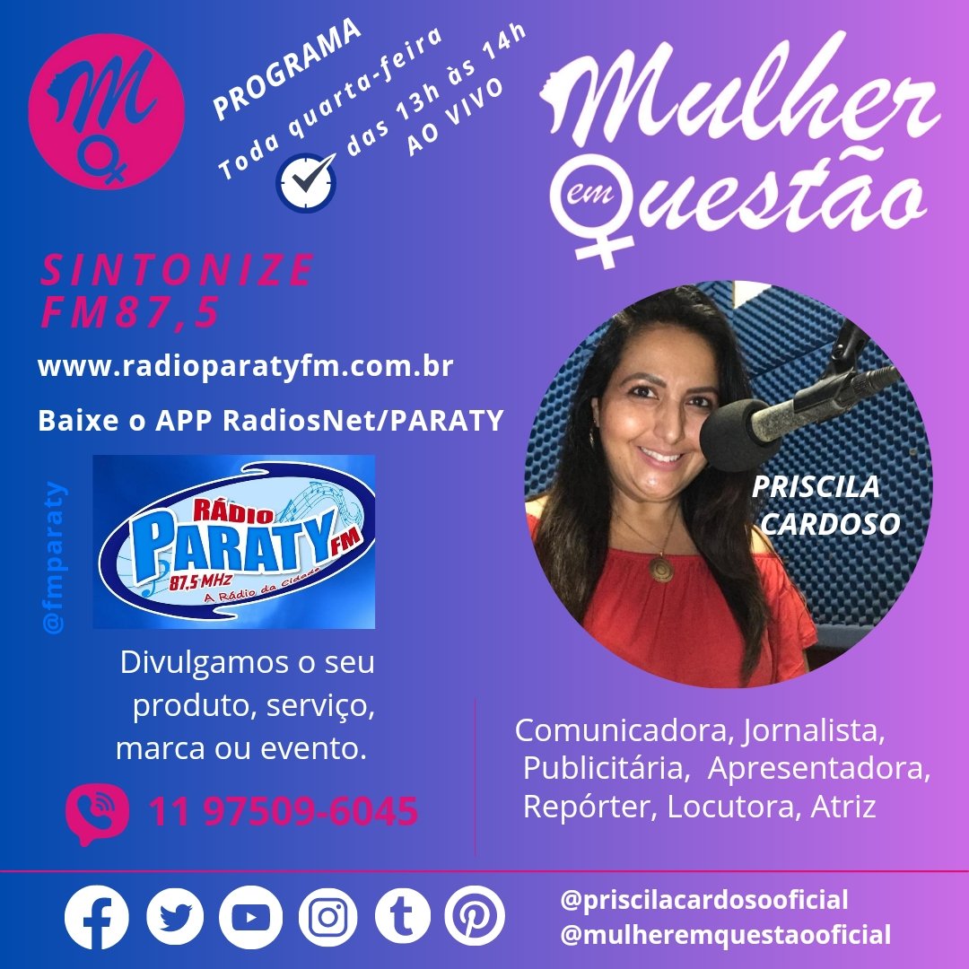 MulherEmQuestao's tweet photo. Ola! Daqui à pouquinho às 13h, temos um encontro marcado na rádio Paraty FM87,5.
Peça a sua música preferida através do whatsapp 11 97509-6045 ou escrever aqui nos comentários.
#mq #programaderádio #rádiofm #paratyoficial #paratyfm #875fm #sbc #sbcampo #grandeabcd #setecidades https://t.co/0r5GuJcSRg