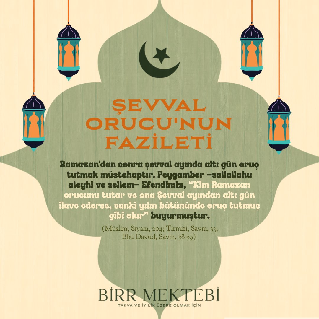ŞEVVAL ORUCU'NUN FAZİLETİ 🌙

Ramazan'dan sonra şevval ayında altı gün oruç tutmak müstehaptır. Peygamber (sav) Efendimiz, “Kim Ramazan orucunu tutar ve ona Şevval ayından altı gün ilave ederse, sanki yılın bütününde oruç tutmuş gibi olur” (Müslim, Sıyam, 204) 

#şevval #oruç