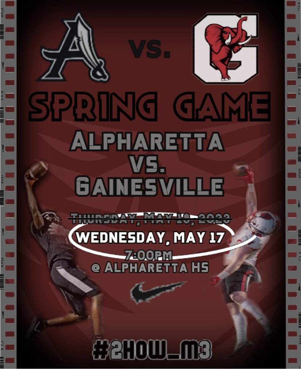 JasonKervin's tweet photo. Fans, parents and coaches we have a CHANGE of DATE for the @AHSFootball and @GainesvilleFB Spring Game!  That’s one less day you have to wait to see your new Raiders and Red Elephants!  Wednesday, May 17 @ 7:00pm https://t.co/v7Xx5oSIxK