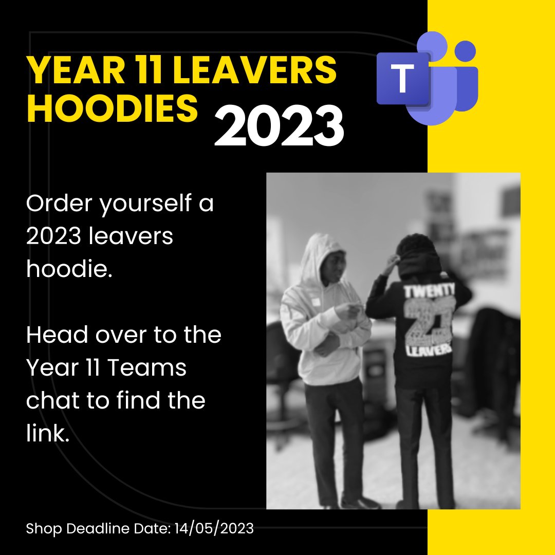 Don't forget to order your 2023 Leavers Hoodie. You can find the link on Teams. #Twenty23leavers #Essa2023