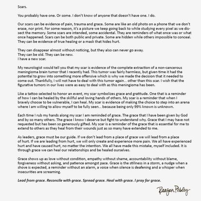 RaeganPebley's tweet photo. May is Brain Tumor &amp; Mental Health Awareness month. 3 yrs since my own brain tumor surgery. I wrote this about the literal &amp; figurative SCARS in our lives &amp; the GRACE we all need. Im held up by grace &amp; pray others can be encouraged in their brain tumor &amp;/or mental health journey. https://t.co/CViX3OUwLZ