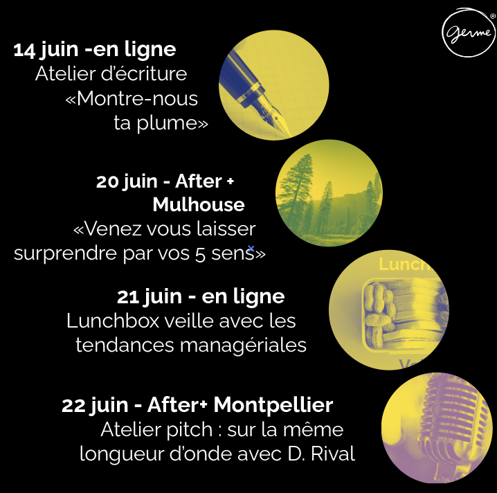 Le mois de mai est là... Et les événements GERME aussi !

Vous êtes adhérent ? Découvrez ceux à venir et inscrivez-vous vite : lnkd.in/es7iG-_Y 👍
