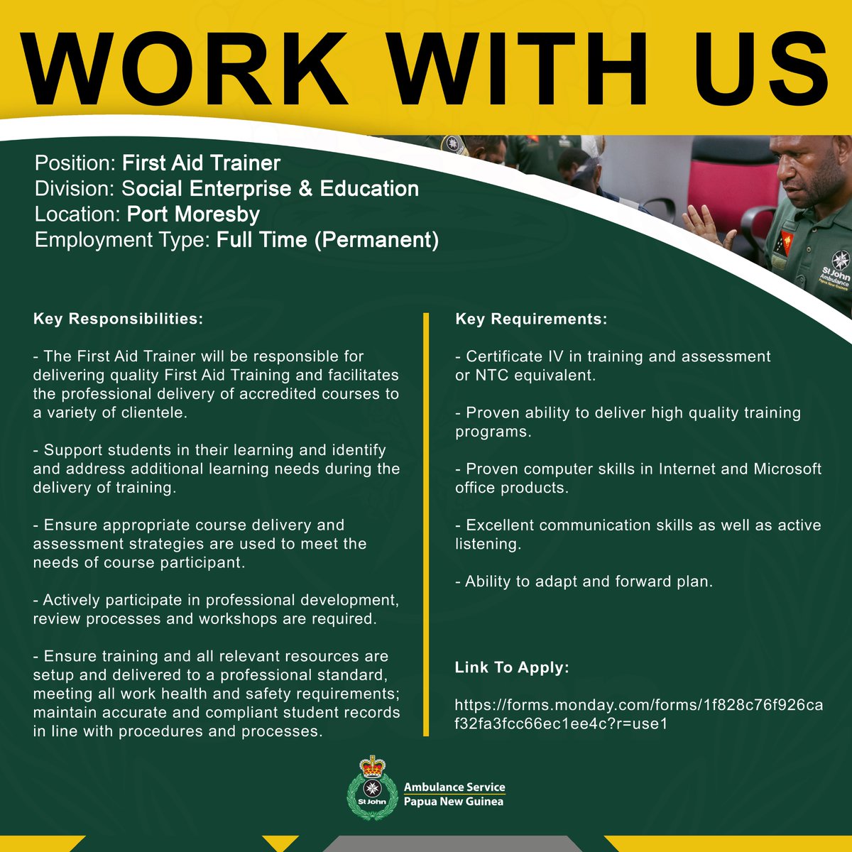 StJohnAmbPNG's tweet image. Work with us today! If you are interested to join us at St John as a First Aid Trainer, apply at this link today:  

forms.monday.com/forms/1f828c76…

#PNGStJohn #workwithstjohn #firstaidtrainer