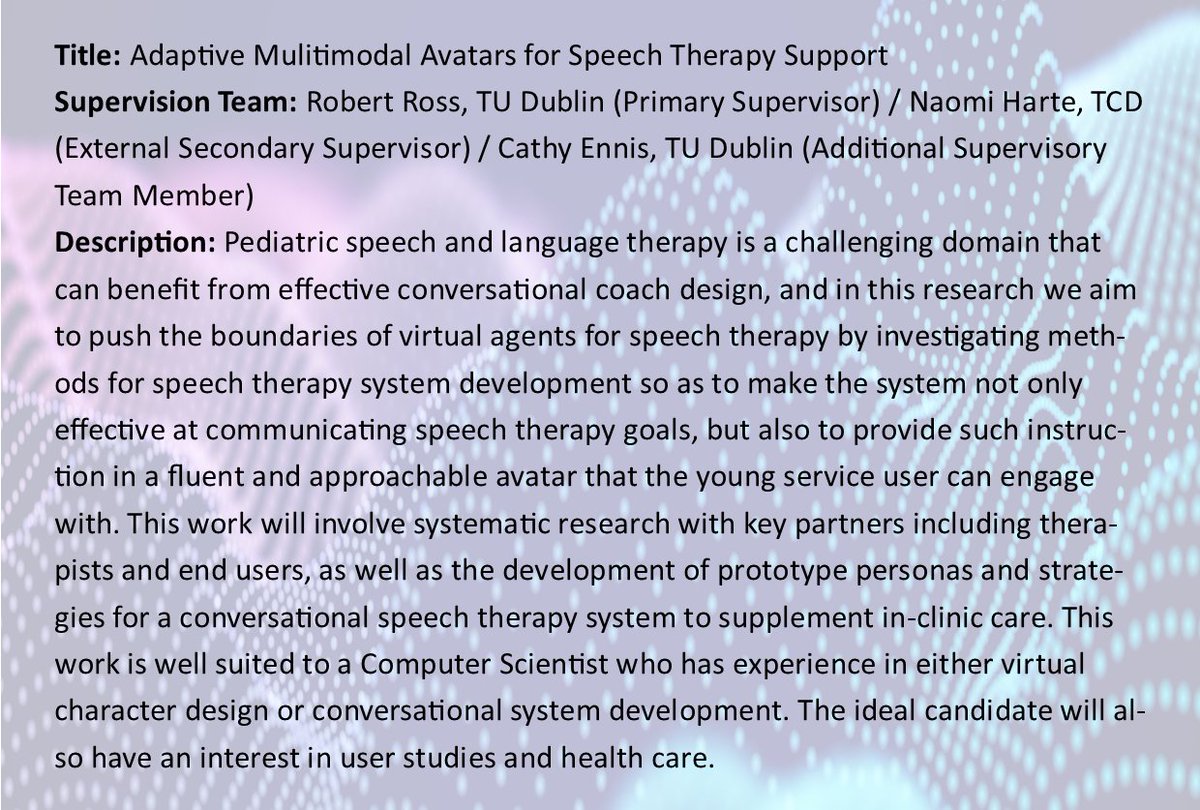 The d-real doctoral programme has an exciting PhD position open with @robertross_ie, working on adaptive multimodal avatars for speech therapy support. Deadline: 24 May  2023. For details and to apply see d-real.ie.