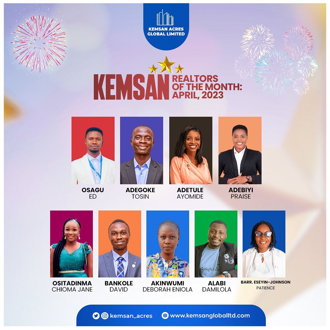 Kemsan_acres's tweet photo. Congratulations to our Realtors of April 2023 at Kemsan Acres.
Thank you so much for your quality and consistency๐๐
.
.
.
.
.
.
.
.
.
#staffappreciation #realtorofthemonth #employeeofthemonth #kemsanrealtors #realestateinibadan #kemsanacres https://t.co/XZ9GkEynKl