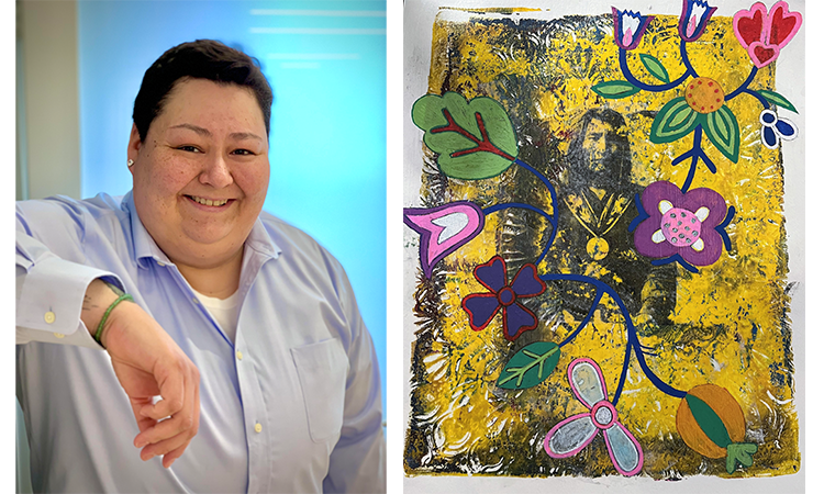 ndarts's tweet image. 📣 NDCA announces printmaker's works on exhibit at the Capitol 🎴  - mailchi.mp/460be015869a/n…

Photo: Native American printmaker Anna Johnson next to one of her artworks featuring Chief Little Shell with a yellow background and floral images printed on top