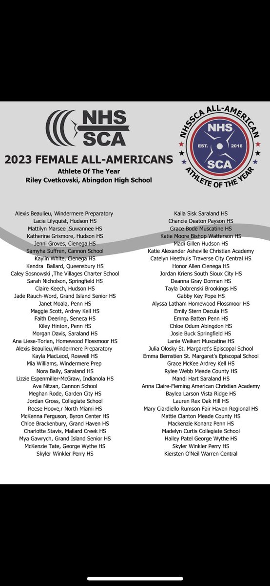 StrengthAhs's tweet photo. 3 of our Seniors have been named as @NHSSCA All Americans

@egibson2023
@ChloeOdum 
@RileyCvetkovski 

Not only was Riley named an All American, she has been selected as the @NHSSCA Female Athlete of the year

What an honor for each

What a legacy built by all

#AbingdonBuilt https://t.co/4GukU4avMD