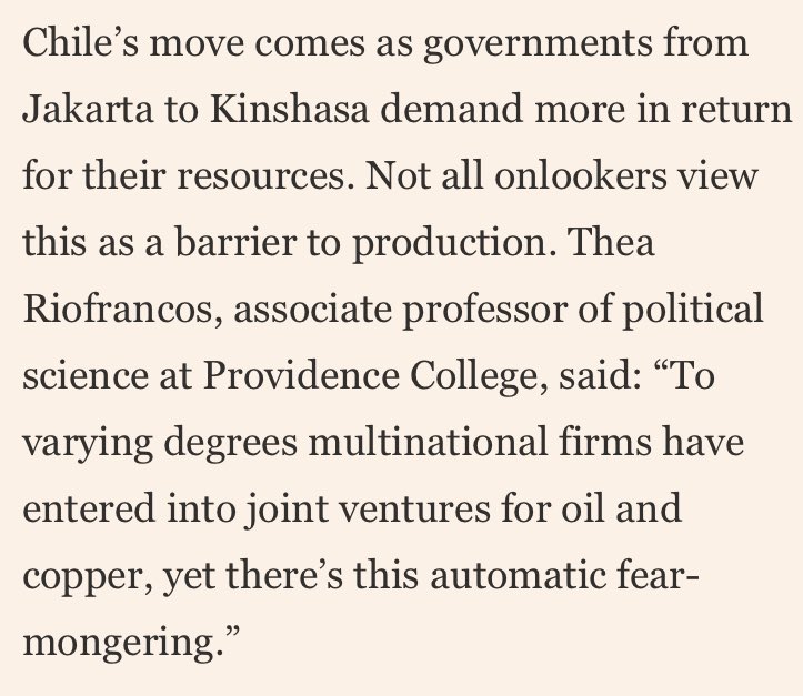 triofrancos's tweet image. My first quote in the @FT

For context: Alarmist statements on the part of mining industry that Chile’s move to increase state role in lithium sector are *tactical.* Raising the specter of capital flight is one way to induce gov to water down their plans on.ft.com/3Ny3TvC