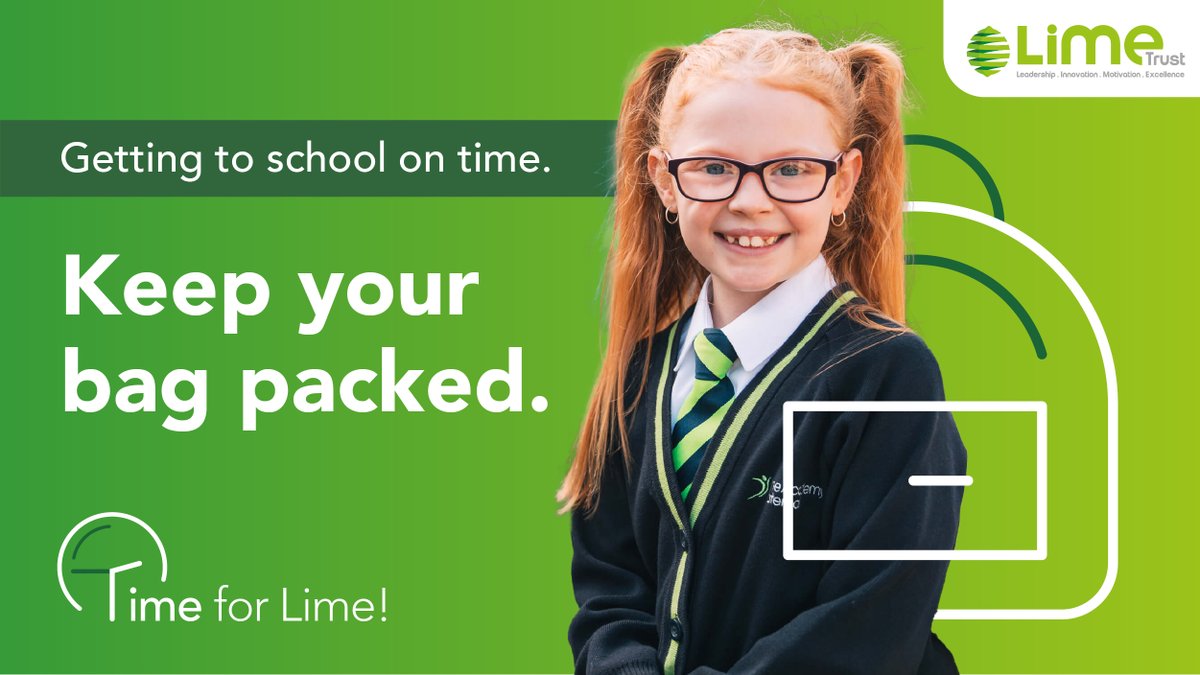 Lime_Trust's tweet photo. It’s #TimeForLime top tip number two!

Keep bags packed: Keeping important items in school bags at all times will help you to remember them.

If you need further support with attendance, get in touch! https://t.co/VQXTW0Yrkd