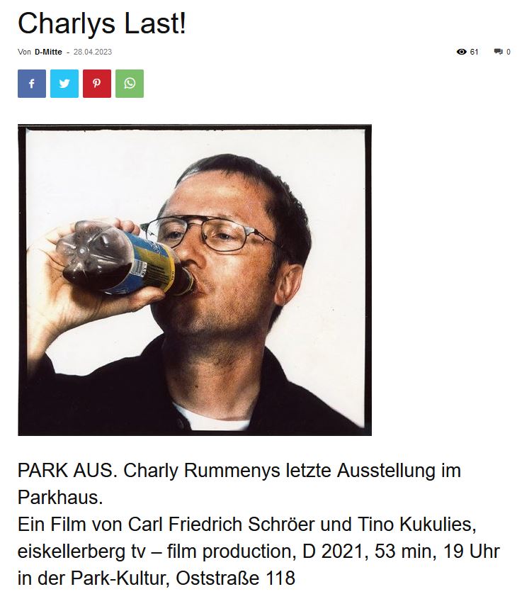 Nicht verpassen: Der Film über Charly Rummenys letzte Ausstellung am 04. Mai um 19 Uhr in der Park-Kultur!
dmitte.de/charly-last/