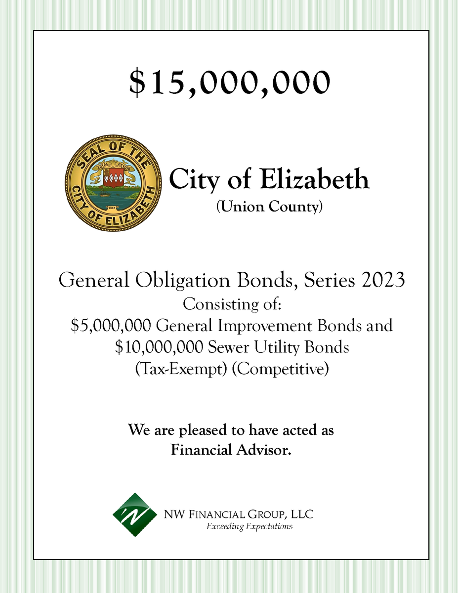 NWFinancialGrp's tweet photo. NW Financial served as Financial Advisor to the City of Elizabeth on the following Bond transaction which closed on May 2, 2023.

#publicfinance #financialadvisor #financialconsulting #municipalfinance #finance #nwfinancial #elizabeth #elizabethnj #unioncounty #newjersey https://t.co/dkaFnM65Tn