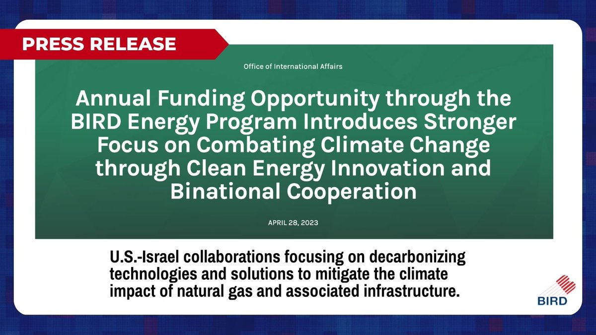 📣PRESS RELEASE: US DOE <a href="/ENERGY/">U.S. Department of Energy</a>, Israel's Ministry of Energy &amp; <a href="/ISRLInnovation/">Israel Innovation Authority</a> have partnered to offer up to $1.5M in non-dilutive funding for binational partnerships focused on developing market-ready, #green solutions to reduce carbon emissions. 

♻️See: bit.ly/BIRDEnergy2023…
