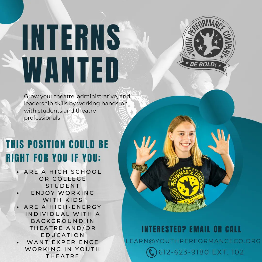 YPC_theatre's tweet image. We are hiring interns for our Summer 2023 classes! Scheduling is based on availability and is very flexible! Email Grace at learn@youthperformanceco.org if you are interested. 

#theatre #mnsummer #summerjob #summerinternship #summerintern #highschool #college #theater