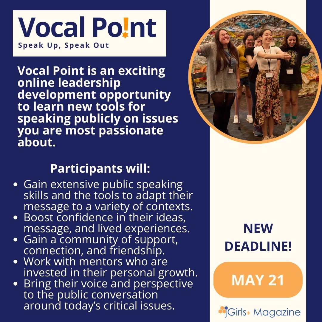 New deadline! 

Apply for our public speaking program, Vocal Point, by May 21! jgirlsmagazine.org/vocal-point-sp…

Know a young feminist who is perfect for the program? Nominate them here: docs.google.com/forms/d/e/1FAI…