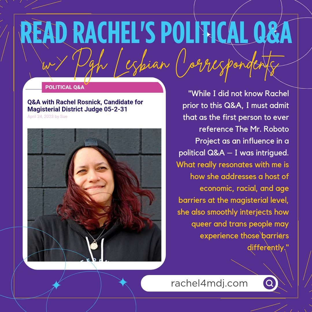rachel4mdj's tweet photo. Q&amp;A w/ Pgh Lesbian Correspondents was posted! Link in bio. 

"What really resonates with me is how she addresses a host of economic, racial, &amp; age barriers at the magisterial level, she also smoothly interjects how queer &amp; trans people may experience those barriers differently." https://t.co/FYaoAVxtRt