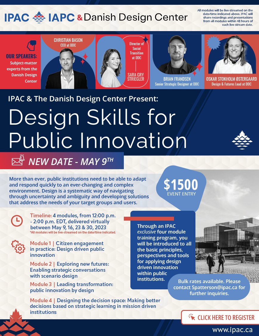IPAC_IAPC's tweet image. The IPAC and Danish Design Centre virtual training program is a great opportunity to learn from experts about design-driven innovation. With the new dates from May 9th to May 30th, 2023, you won&apos;t want to miss out! #IPAC #DesignDrivenInnovation #VirtualTrainingProgram