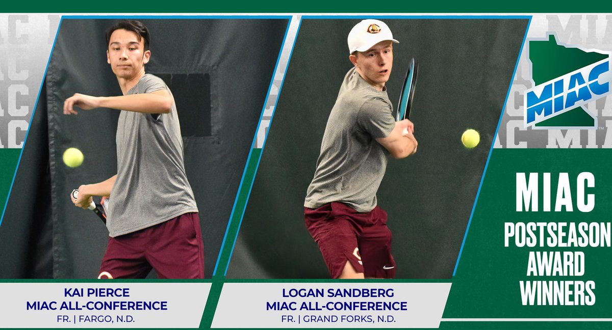 CobberSID's tweet photo. CORNGRATS to Cobber tennis freshmen Kai Pierce &amp; Logan Sandberg, who were named to the MIAC All-Conference Team. They are the first CC freshmen to earn All-MIAC honors in singles play since 2015 when Isaac Toivonen claimed the award. 

Details: https://t.co/9TlH08ioeQ https://t.co/kCnQXb1DkB