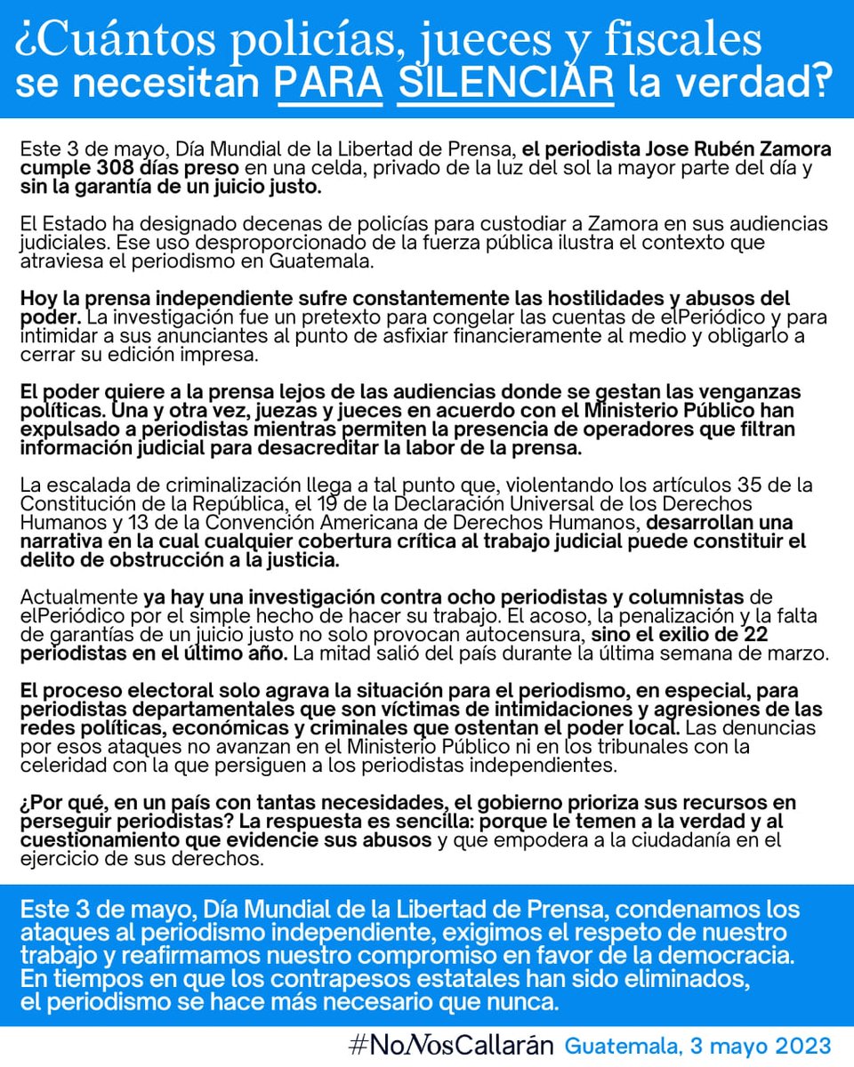 Factor4_GT's tweet photo. En el #DíaDeLaLibertadDePrensa nos sumamos a la exigencia de que se respete el ejercicio periodístico y cese la persecución a quienes #Investigan, #Comunican e #Informan a la población con responsabilidad y ética.
Reiteramos: #NoNosCallarán tenemos derecho a informar. https://t.co/jc9cTwWPve