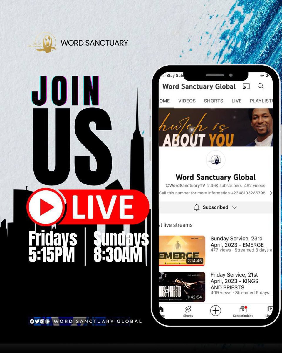 word_sanctuary's tweet photo. Yes! We are on YouTube, and we want you to be a part of the awesomeness and blessedness of our services.

Join the live stream on YouTube every Friday, 5:15pm and on Sundays, 8:30AM

We can’t wait to see you in Church!
#WordSanctuaryGlobal #Church #Jesus
#Emerge #Godswill https://t.co/Y41gRX2pA1