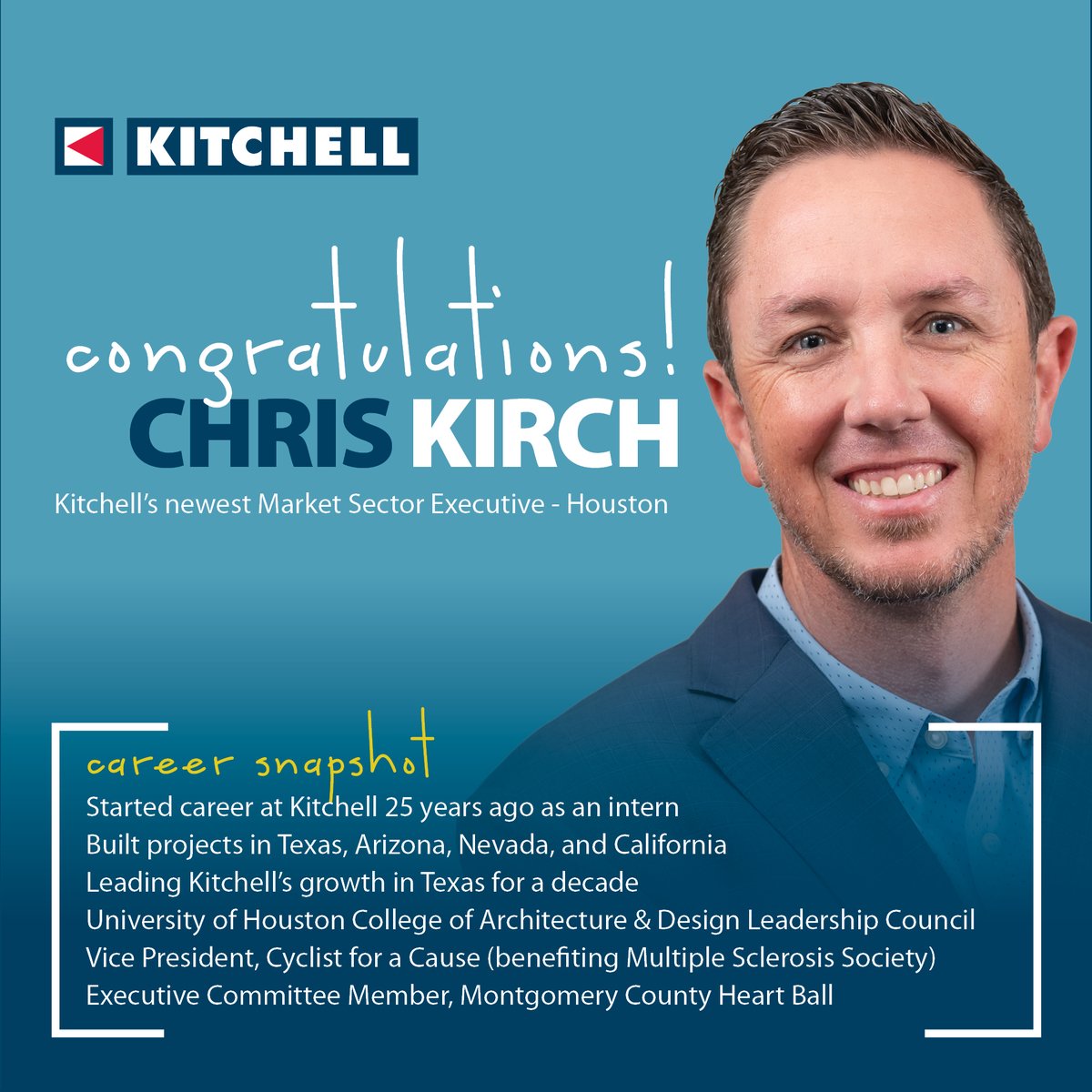 KitchellCos's tweet photo. Congratulations to employee-owner Chris Kirch, Kitchell's newest Market Sector Executive in Houston! Chris has supported Kitchell's growth in Texas since 2013 and continues to be a steadfast leader to our operations teams. #kitchellcareers #kitchellprogress #construction #houston https://t.co/IGH0zrYiC8