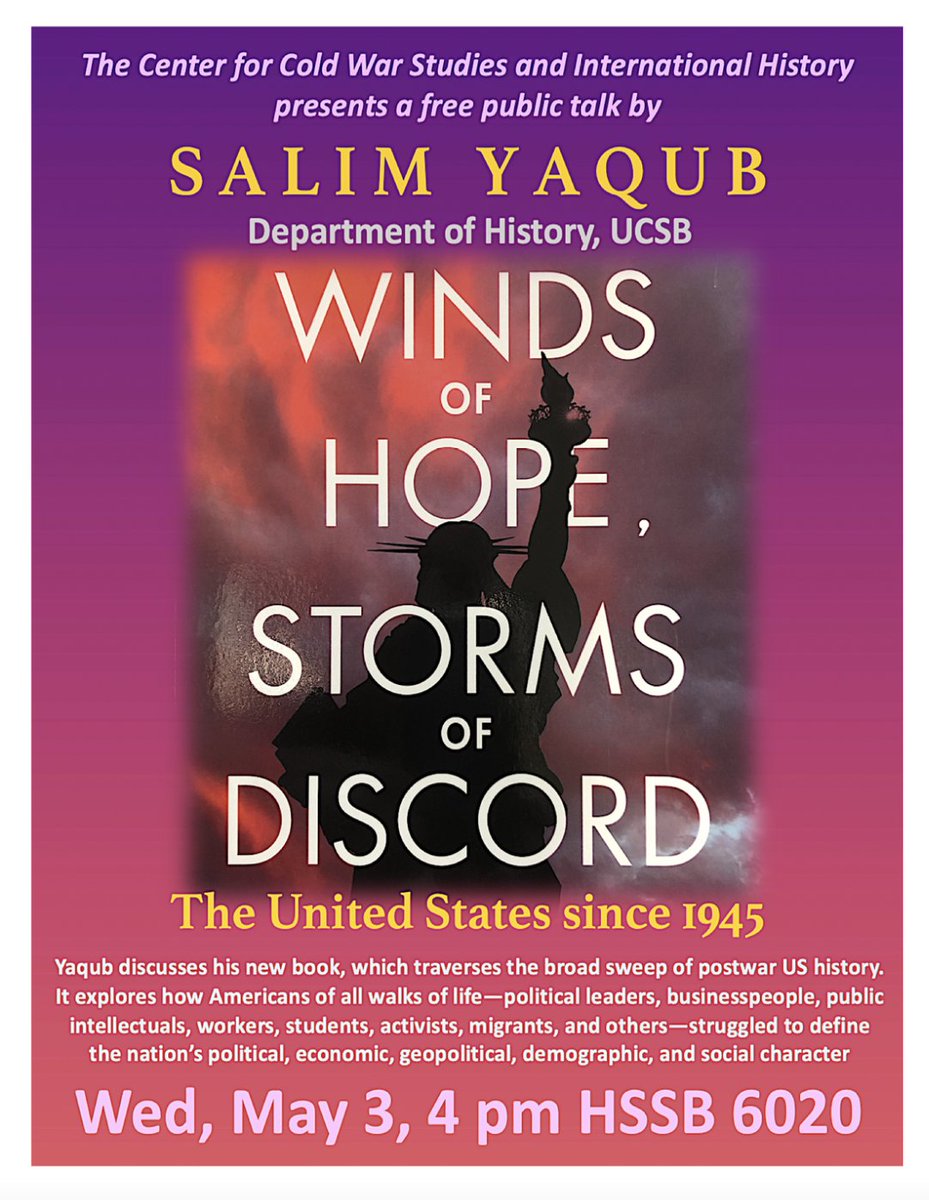 CCWS at UCSB (@ccwsatucsb) on Twitter photo TODAY!! At 4:00 pm, the CCWS will host a discussion of Salim Yaqub's (<a href="/salimyaqub63/">Salim Yaqub</a>) new book, "Winds of Hope, Storms of Discord." Join us for an exciting discussion of modern U.S. History! The event will take place in HSSB 6020 and delicious refreshments will be served. TODAY!! At 4:00 pm, the CCWS will host a discussion of Salim Yaqub's (<a href="/salimyaqub63/">Salim Yaqub</a>) new book, "Winds of Hope, Storms of Discord." Join us for an exciting discussion of modern U.S. History! The event will take place in HSSB 6020 and delicious refreshments will be served.