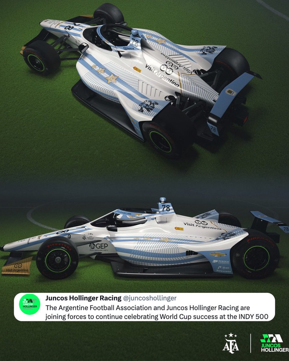 IndyCaronNBC's tweet photo. ‘@AgustinCanapino's #Indy500 livery is inspired by Argentina's World Cup kit!

See it in action May 28.

📸: @juncoshollinger https://t.co/wsSvmBXeLH