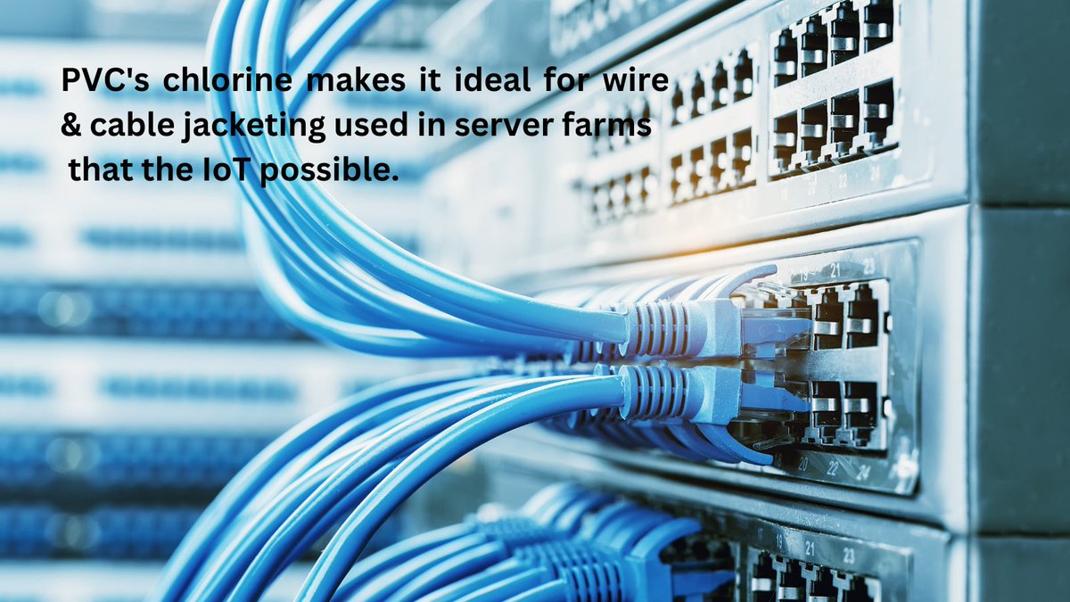 Due to #PVC’s chlorine content, it is an ideal material for cable and wire jacketing used in server farms that keep the Internet of Things possible and safe. It's inherently fire resistant. #SafetyWeek