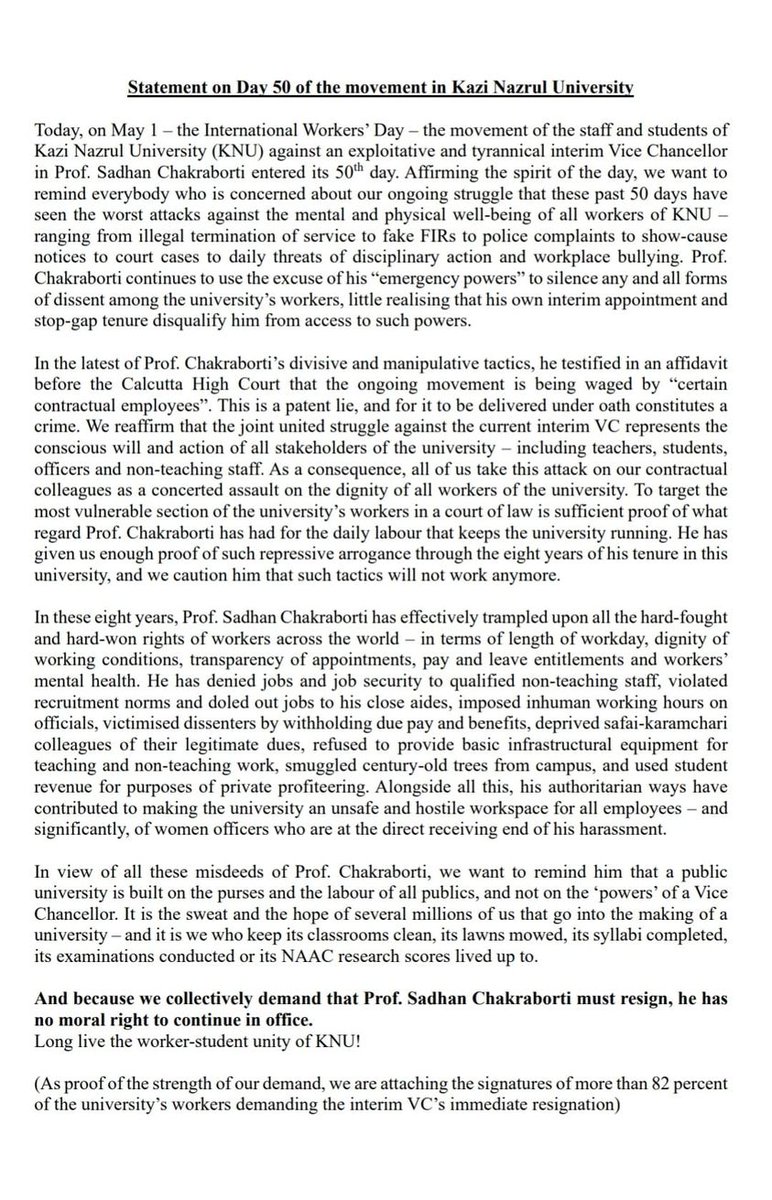 An inspiring movement of university workers has been underway at KNU, Asansol, against a tyrannical VC. Their fight to safeguard their university is also an assertion of their labour power - both physical and mental. Read their #MayDay statement.
#MayDay2023.