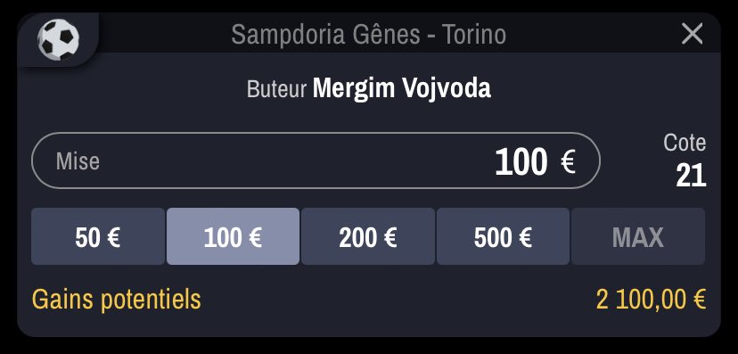 Genie13Bet's tweet photo. 🤭 Bet numéro 264 :
⚽️ Sampdoria - Torino ⚽️
🫡 Buteur : Vojvoda
🫡 Mise : 1u
🫡 Cote : 21.00
#TeamParieur #Winamax #Unibet #SerieA #Boostmania #TeamParieurs https://t.co/JaBPJIZH6W