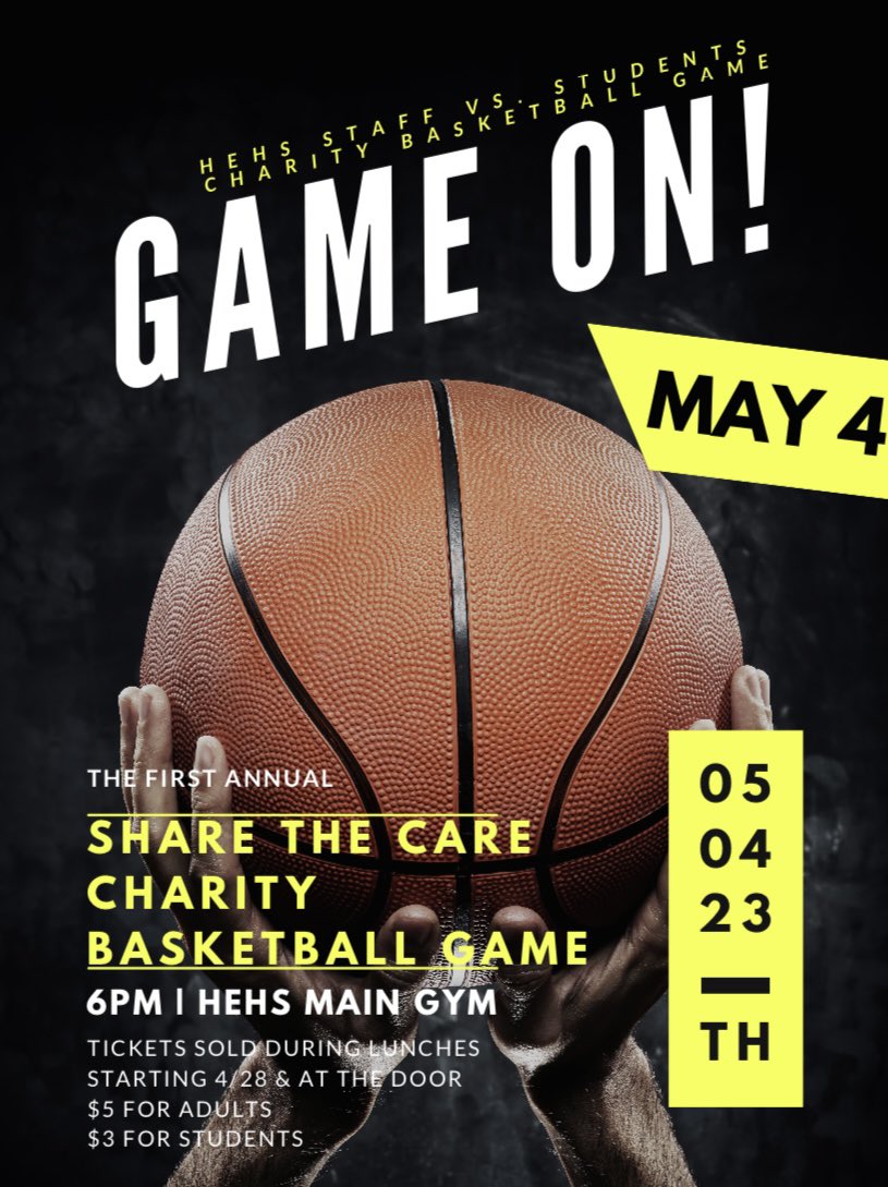 HEHS Students vs Staff charity game hosted by our @HEHSHawks C.A.R.E center will be tomorrow night at 6pm! Come support a great cause. You might even 👀 some 🏀 coaching staff lace them up &amp; some varsity hoopers officiating!