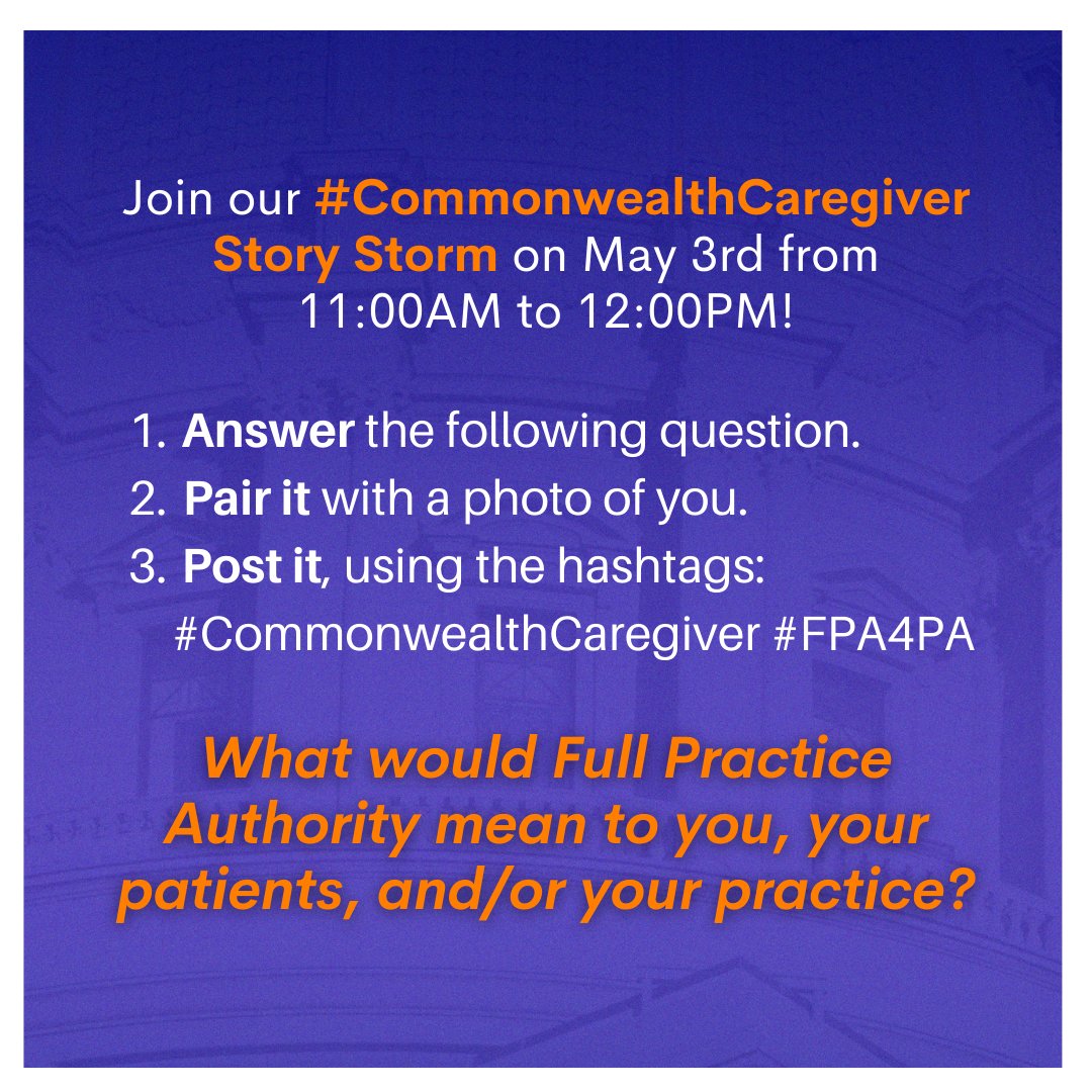 PCNP_News's tweet photo. Join PCNP's #CommonwealthCaregiver Story Storm - happening NOW!

Share a pic and what #FullPracticeAuthority would mean to you... and don't forget to tag #CommonwealthCaregiver and #FPA4PA! https://t.co/LaCR2UN7F4