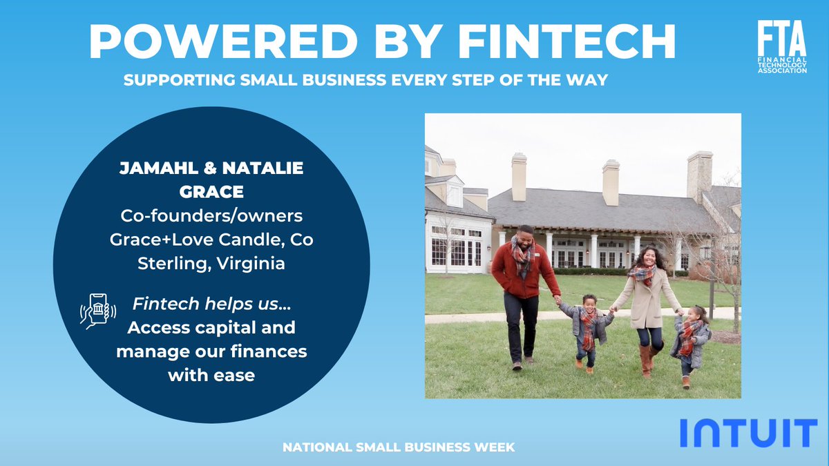 fintechassoc's tweet photo. #NationalSmallBusinessWeek Spotlight 🔦

Jamahl and Natalie Grace credit fintechs like @Intuit @QuickBooks for providing capital to grow their minority-owned business so they can focus on serving customers with their unique, sustainable candles.

#PoweredByFintech https://t.co/zKaagpsYBb