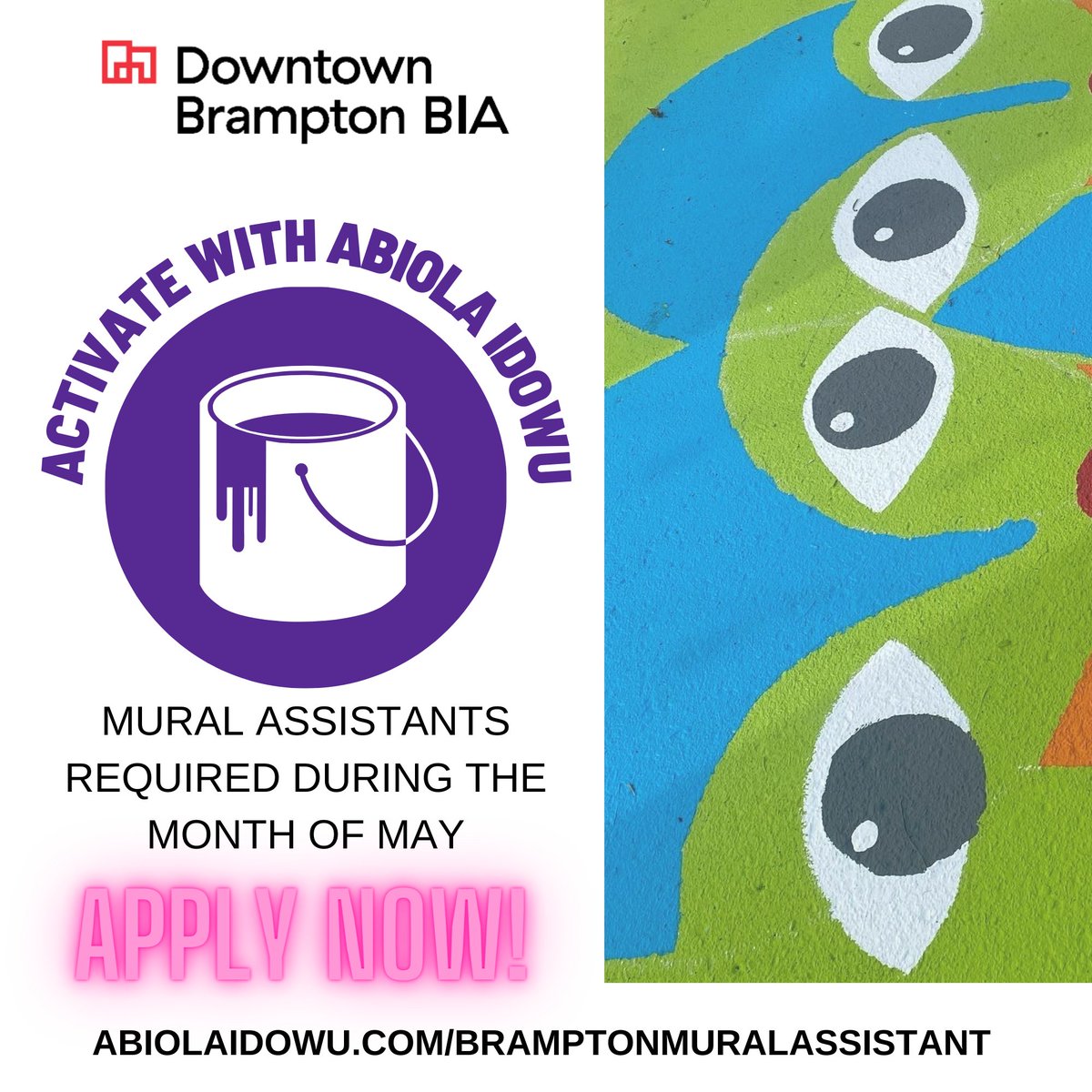 bramptondtbia's tweet photo. As part of Activate Downtown Brampton, we are currently seeking 3-4 mural assistants to join our local artist, Abiola Idowu, paint McKinney and McArter Lane! If you have a passion for art &amp; would like to be a part of this exciting project, please apply! 

https://t.co/bTbqcxdu5W https://t.co/OqYkQoVqx3