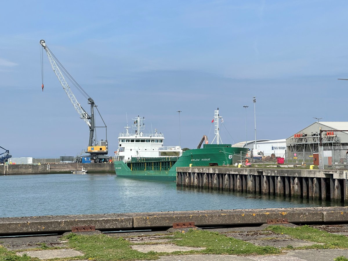 WorkingtonPort's tweet photo. One of our regular @ArklowShipping vessels in port today 'Arklow Rogue' discharging cement ex Lisbon #cargohandling #cement #shipping #intermodalhub @GillieAndBlair https://t.co/JEb11ZMduH