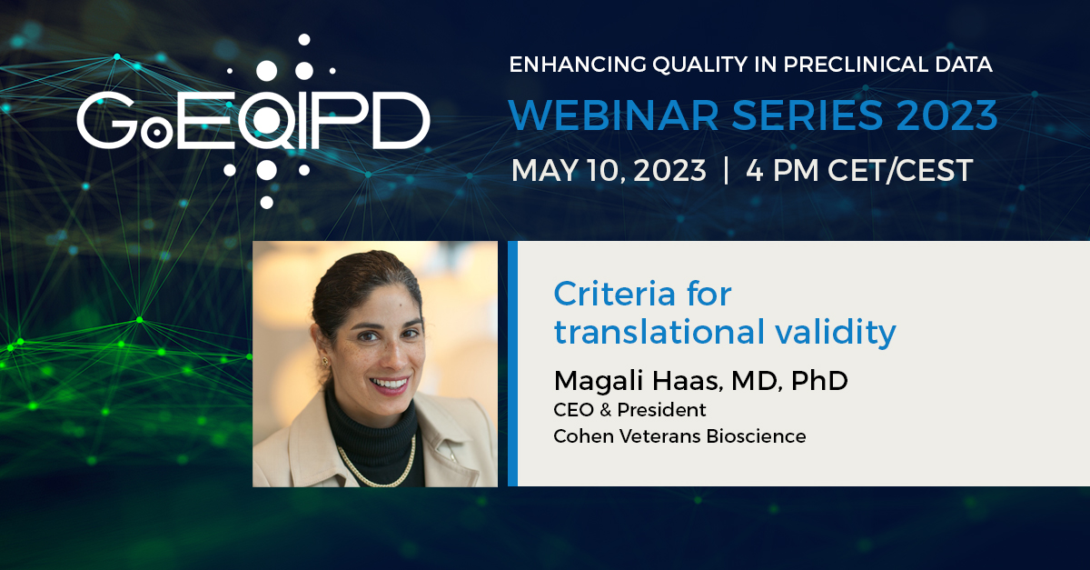 Global Preclinical Data Forum (@preclinicaldata) on Twitter photo Join <a href="/GoEQIPD/">GoEQIPD - Guarantors of EQIPD</a>'s latest webinar with Dr. Magali Haas from <a href="/cohenbioscience/">Cohen Veterans Bioscience 🧠</a> – “Criteria for translational validity” on May 10. Click here to learn more and register: go-eqipd.org/about-eqipd/we… Join <a href="/GoEQIPD/">GoEQIPD - Guarantors of EQIPD</a>'s latest webinar with Dr. Magali Haas from <a href="/cohenbioscience/">Cohen Veterans Bioscience 🧠</a> – “Criteria for translational validity” on May 10. Click here to learn more and register: go-eqipd.org/about-eqipd/we…