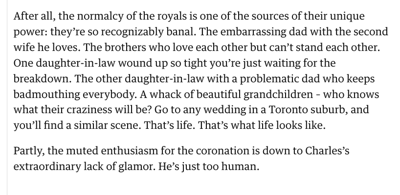 peterwalker99's tweet photo. Great snippet from an all-round really good piece about the coronation from the point of view of an outsider (but an outsider who nonetheless has Charles as king - @StephenMarche).

https://t.co/PpG9FOXs84 https://t.co/eXckfKpnni