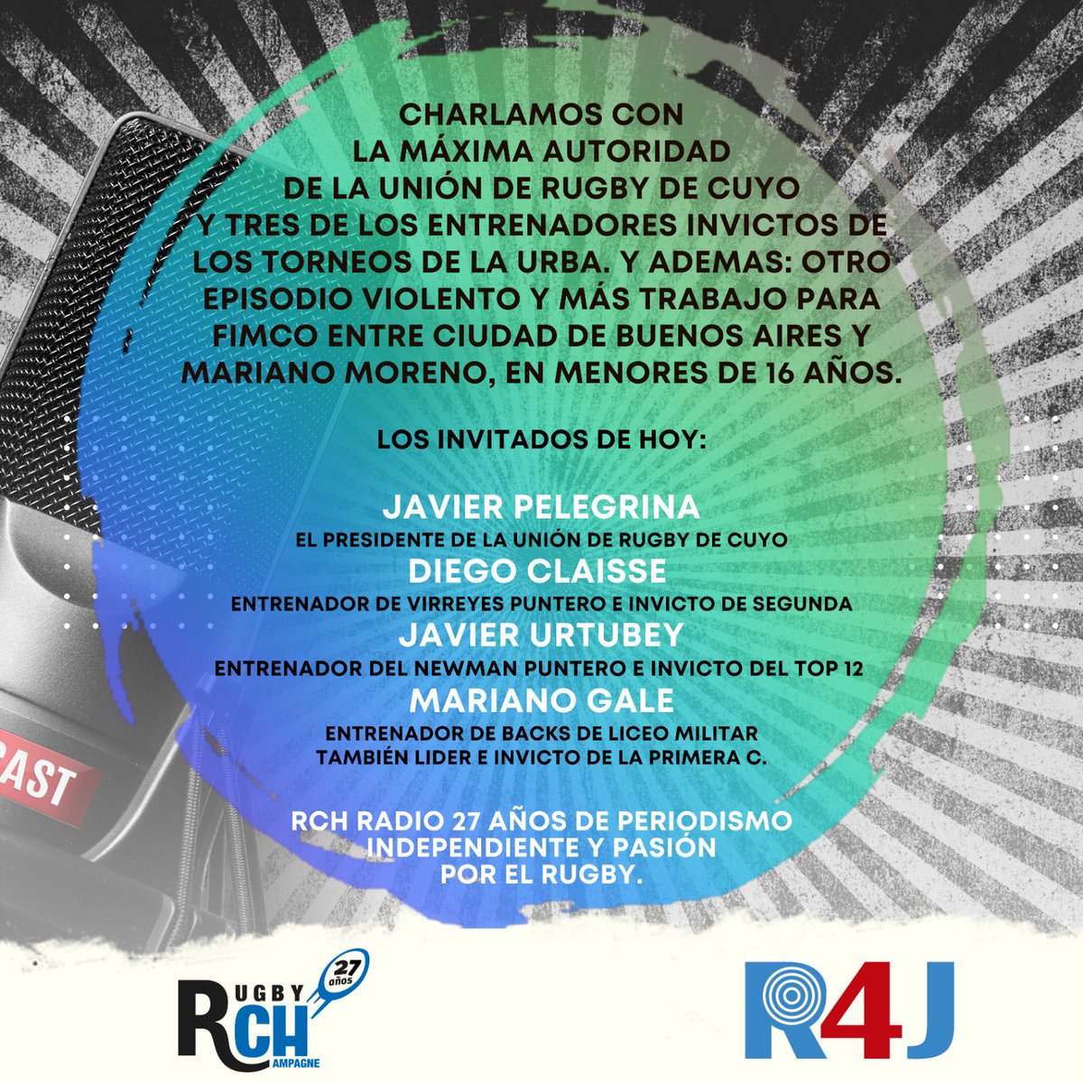rugbych's tweet photo. #RChRadio 📻 LOS INVICTOS EN RUGBY CHAMPAGNE
🗓️ Miércoles 3️⃣ de Mayo
⏰ desde las 1️⃣8️⃣ hasta las 2️⃣0️⃣ Hs
🤝🏽Invitados:
🙋🏽♂️Javier Pelegrina - URC
🙋🏽♂️Diego Claisse - Virreyes RC
🙋🏽♂️Javier Urtubey - Newman
🙋🏽♂️Mariano Gale - Liceo Militar
👂🏽 https://t.co/vzYBf8taRx https://t.co/0HNiODjpdT