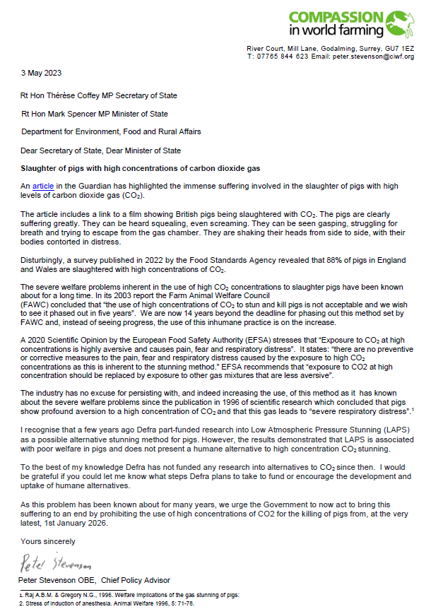 We've now written to @DefraGovUK urging the Government to prohibit the use of high concentrations of CO2 for the killing of pigs. This has long been recognised as a major animal welfare issue - it's time for action.