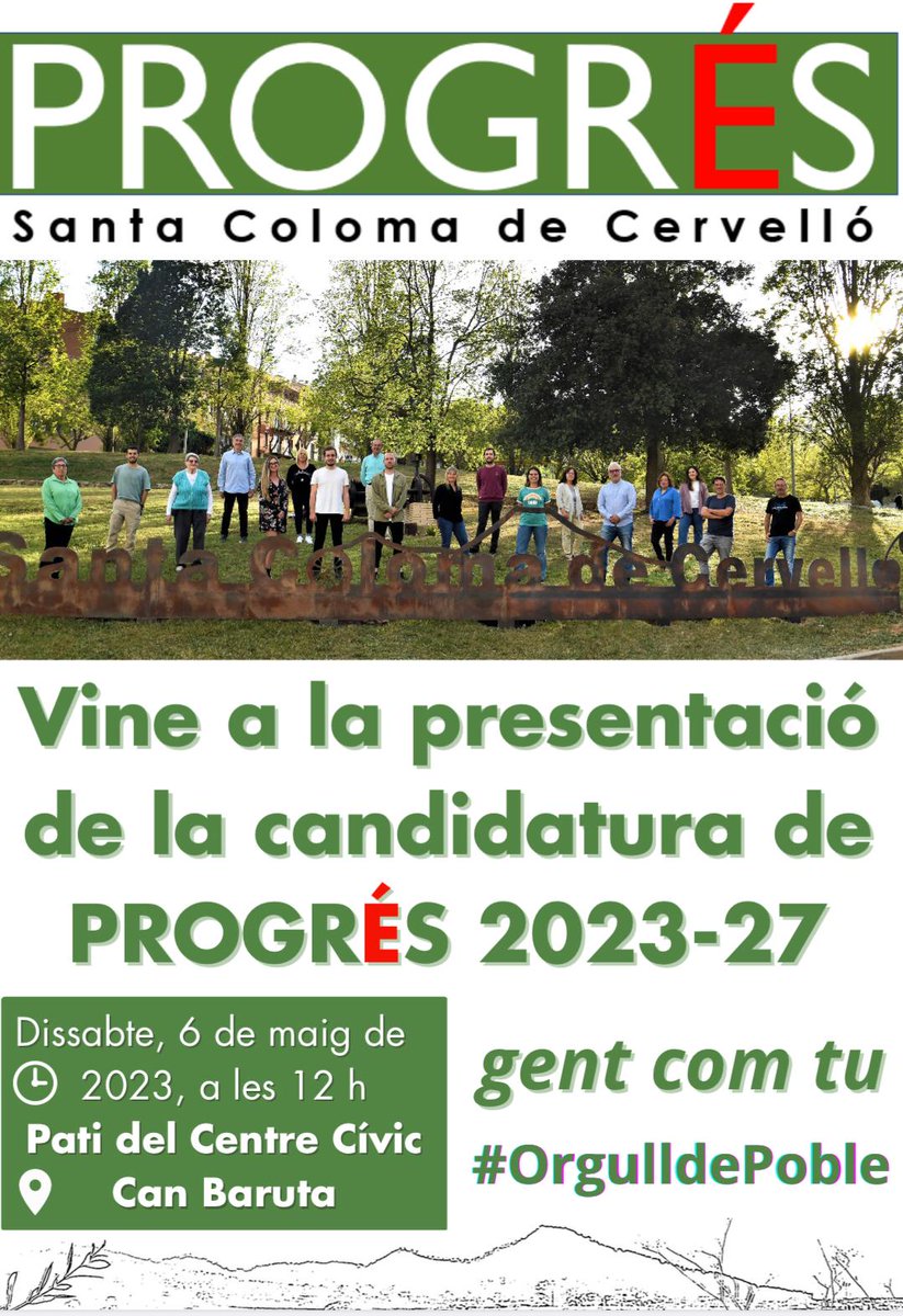 progres_scc's tweet photo. 📢 Aquest dissabte 6 de maig a les 12h, t'esperem a la presentació de la candidatura de PROGRÉS 2023-2027! 💚
Ens veiem al pati del Centre Cívic Can Baruta 👌
#SantaColomadeCervello #Gentcomtu #OrgulldePoble https://t.co/gd3N4eAc1I