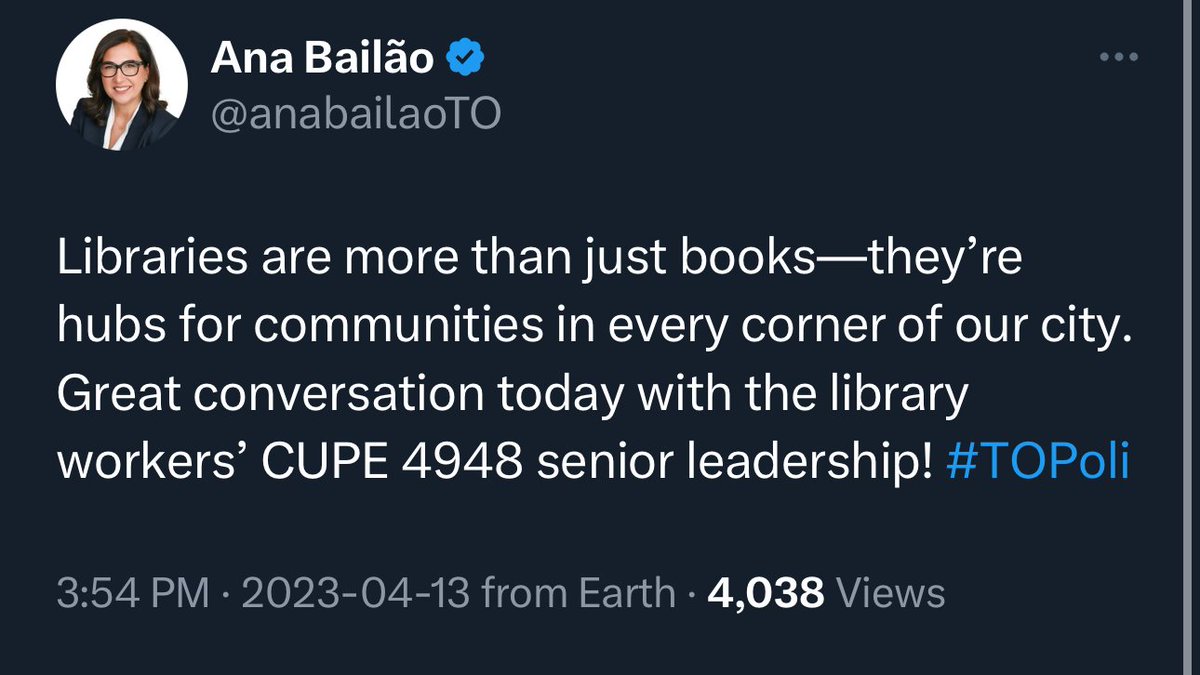 First up we have Ana vs. Libraries.

On March 7th, 2019 Ana voted against 3 new Youth Hubs in libraries (EX2.5, M10c).

On April 13th, 2023 Ana tweeted this:
#BailaoBrokeIt #SheCantFixIt