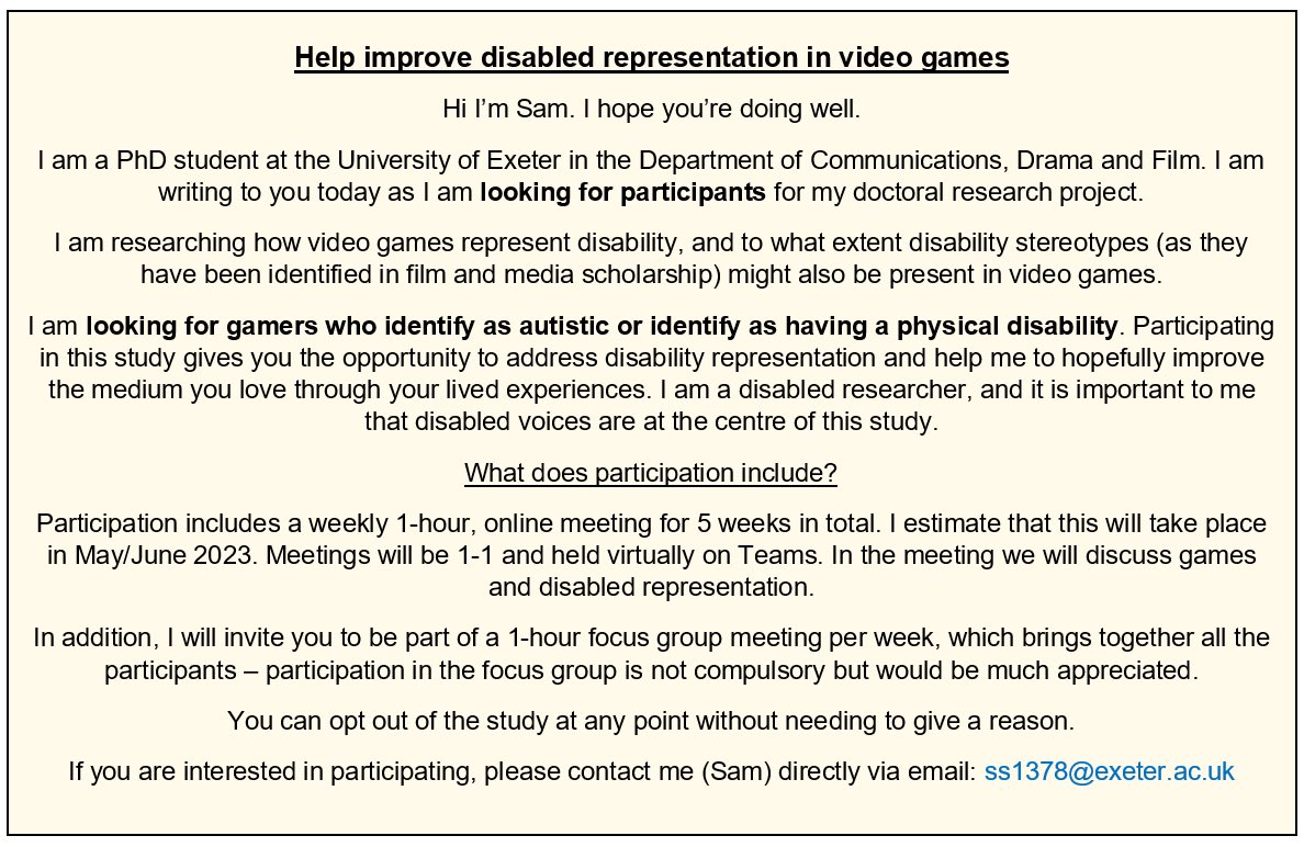 UoEDisabled's tweet photo. PhD study participants needed!

Topic: how video games represent disability, and to what extent disability stereotypes might also be present in video games.

Eligibility: gamers who identify as autistic or identify as having a physical disability https://t.co/yZE8qvZvGO