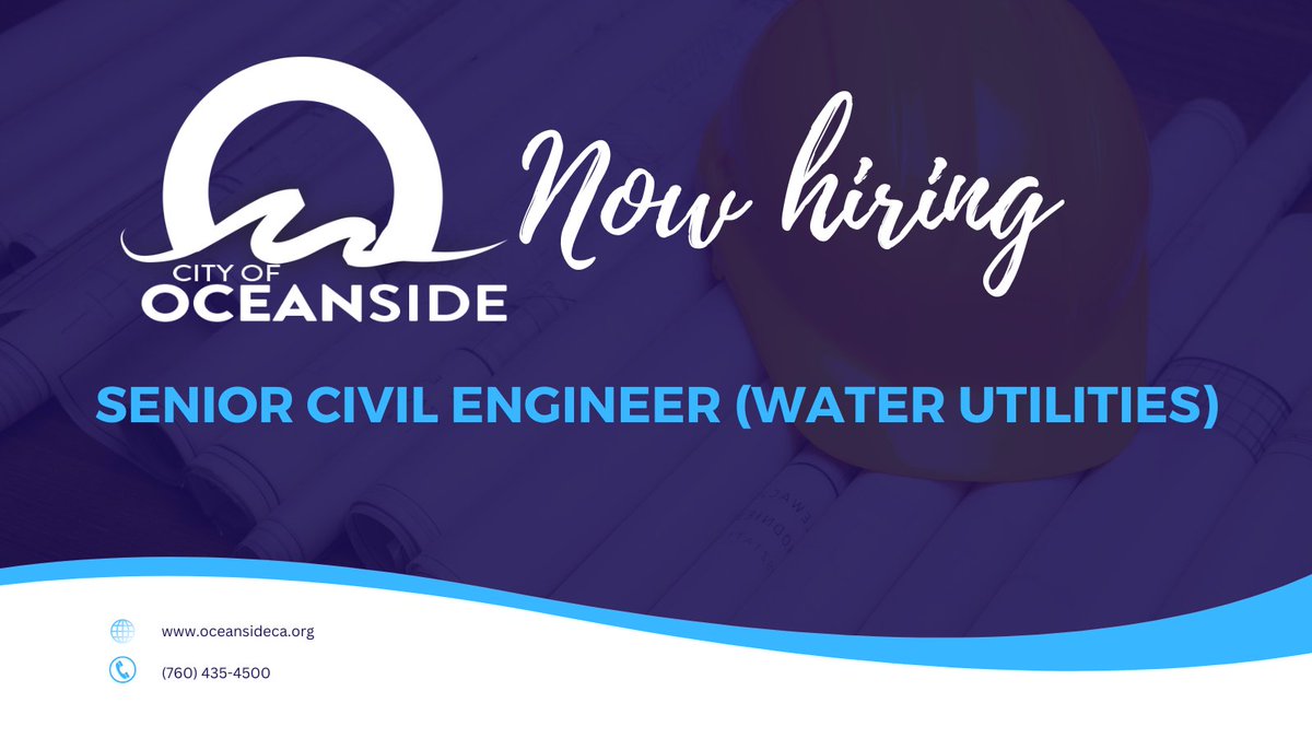 CityofOceanside's tweet photo. The City of Oceanside is hiring a Senior Civil Engineer in its Water Utilities Department. Find out more and #workwithus! โก๏ธ https://t.co/b5k7bts7er
#OceansideCA #EngineeringJobs #SeniorCivilEngineer #civilengineer #localgov #CityJob #GreatCareer #Oceanside https://t.co/zkF8P5IgP5