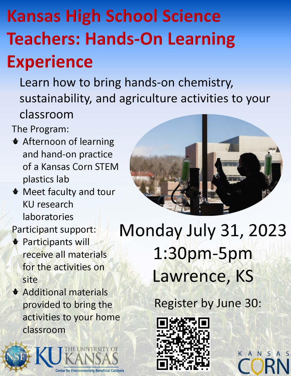 We are hosting a half-day hands-on chemistry day for area high school science teachers on July 31st in collaboration with @KansasCornSTEM.
We have limited space for this free event, register by June 30 at kusurvey.ca1.qualtrics.com/jfe/form/SV_eJ…

@USD497 <a href="/WichitaUSD259/">Wichita Public Schools</a> <a href="/TPS_501/">Topeka Public Schools</a> <a href="/kckschools/">Kansas City, Kansas Public Schools</a>