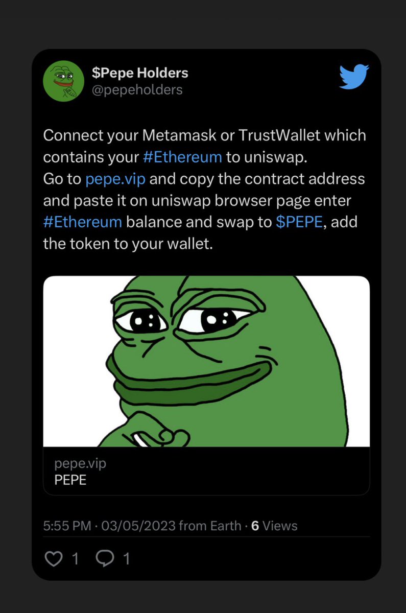pepeholders's tweet photo. Checkout the Guide on How to Buy $PEPE coin 🐸🔥

#PEPE #pepecoin #pepecoineth #memecoin  #CryptoCommunity https://t.co/8RxD0EN0EO