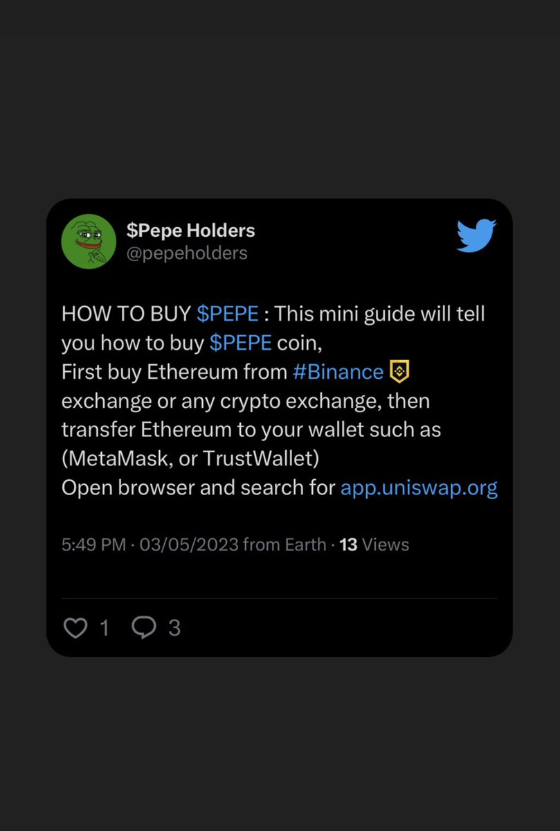 pepeholders's tweet photo. Checkout the Guide on How to Buy $PEPE coin 🐸🔥

#PEPE #pepecoin #pepecoineth #memecoin  #CryptoCommunity https://t.co/8RxD0EN0EO