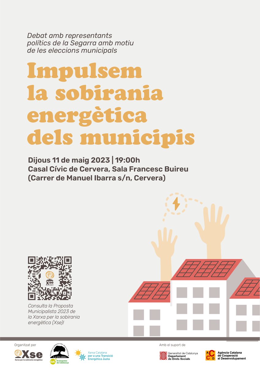 🤔💡  Quines polítiques municipals es poden dur a terme per la #SobiraniaEnergètica?

🗣️ En parlarem al debat electoral amb candidats de la #Segarra que organitzem amb el Grup de Defensa del Medi Natural de la Segarra i <a href="/xarxa_ctej/">Xarxa Catalana Transició Energètica Justa</a>!

📅 Dijous 11/05
🕢 19h
📍 Casal Cívic #Cervera