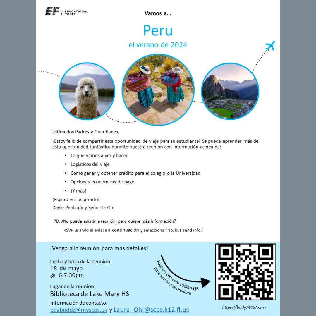 Attention all members of Beta Club, National Honor Society and Spanish Honor Society. We are going to Peru in June 2024! Check out our flyers and register ASAP for the Parent Info meeting, May 18 from 6:00-7:30pm in the Media Center. See Dr. Peabody or Señorita Ohl for questions.