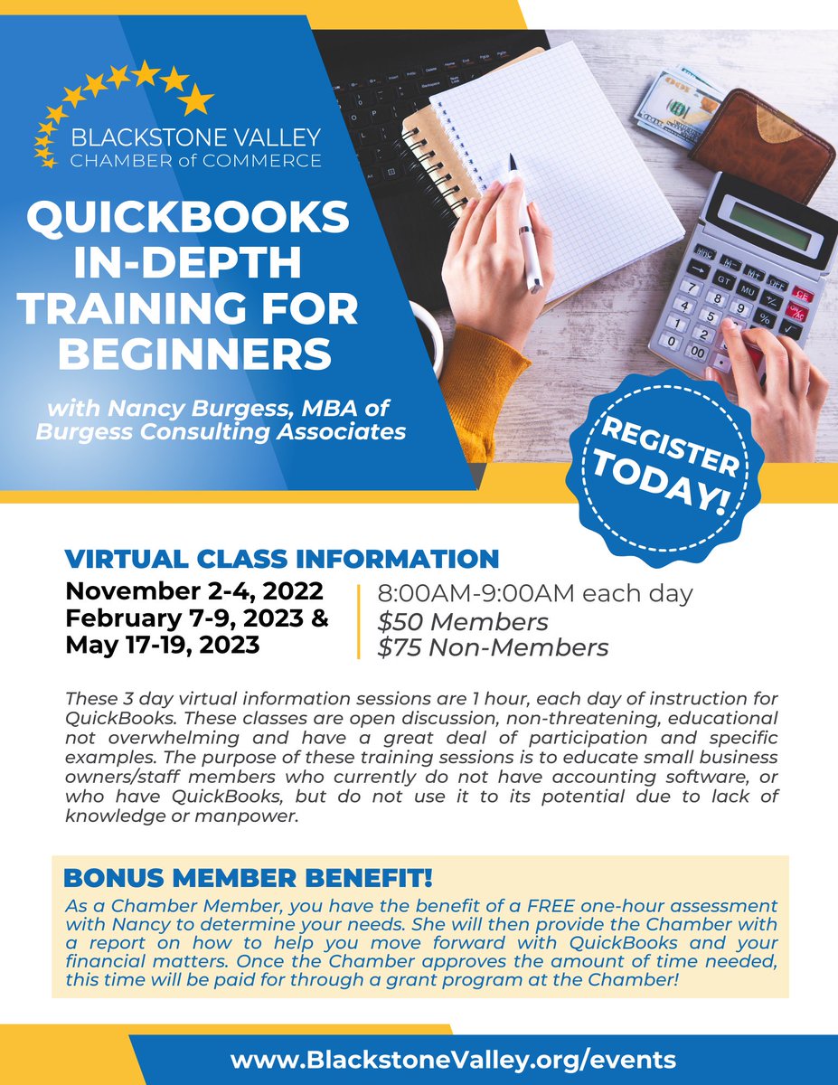 QuickBooks In-Depth Training For Beginners! Virtual class sessions, with bonus member benefit! To learn more, please visit, BlackstoneValley.org/events

#BVCC #Quickbooks #beginners #QB #learning #information #followme #register