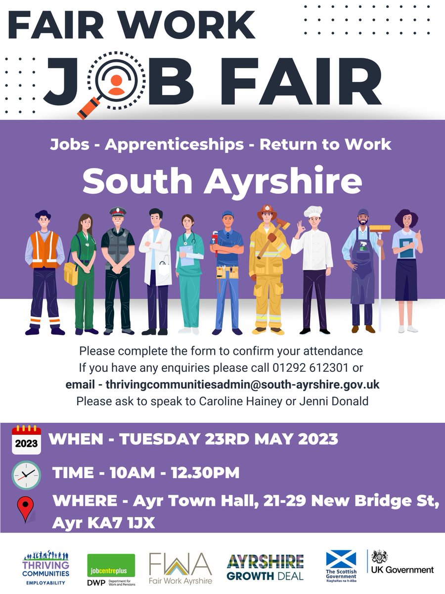 ThrivCom_EmpSAC's tweet image. 🤝  F A I R   W O R K  🤝

📢 Through the Ayrshire Growth Deal, Thriving Communities &amp;amp; DWP are hosting a Fair Work event on Tues 23rd May!

Employer recruiting for vacancies who would like to attend? Booking form below 👇 
ow.ly/K8Y750OcEyq 

#ThrivingCommunities
#FairWork