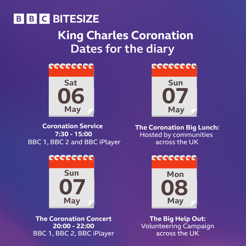 bbcbitesize's tweet photo. Dates for your diary over the #CoronationWeekend. 👑